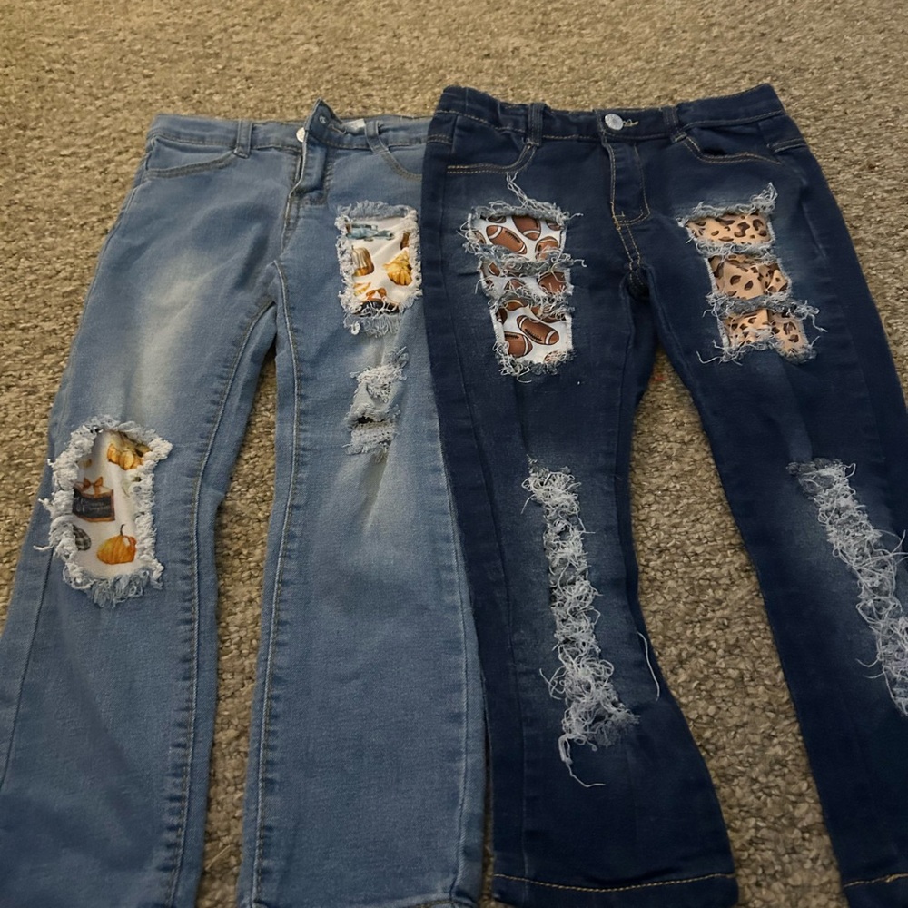 Girls Distressed Patch-Accent Jeans - Light Blue & Dark Blue